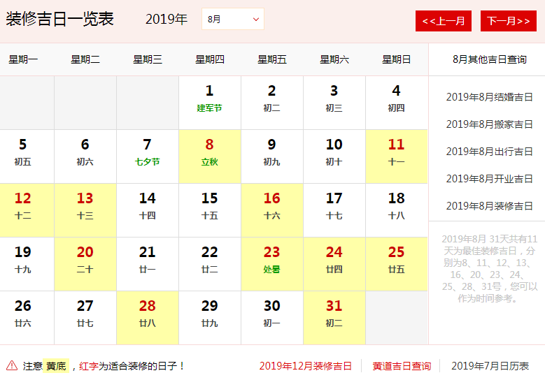 2019年8月办公室装修开工黄道吉日